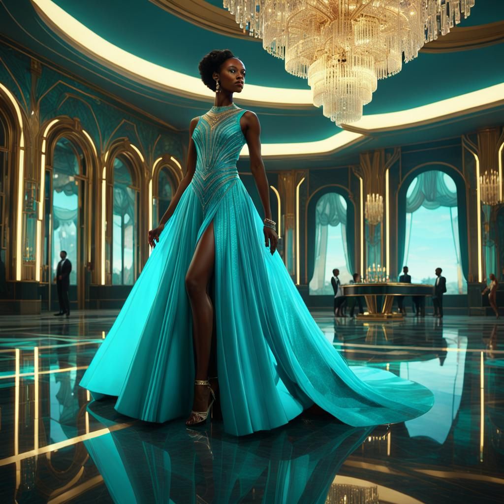 Elegant Woman in Art Deco Ballroom with Neon Lighting