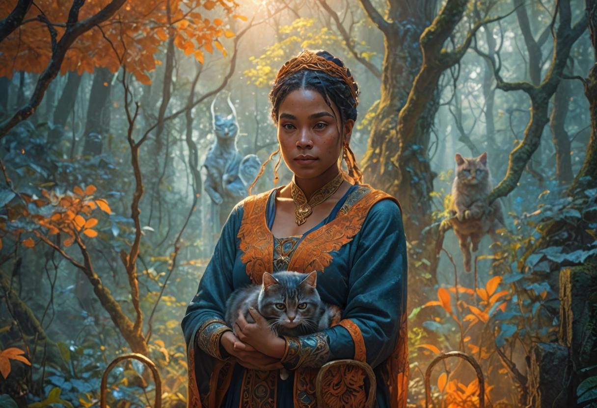 Mystical Forest: Woman with Cat in Digital Art