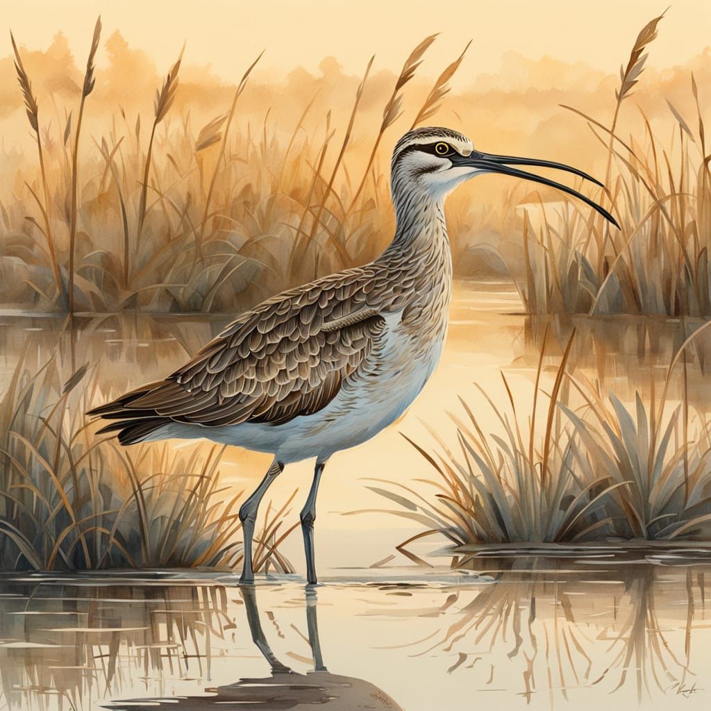 Whimbrel in a Shallow Salt Marsh Landscape
