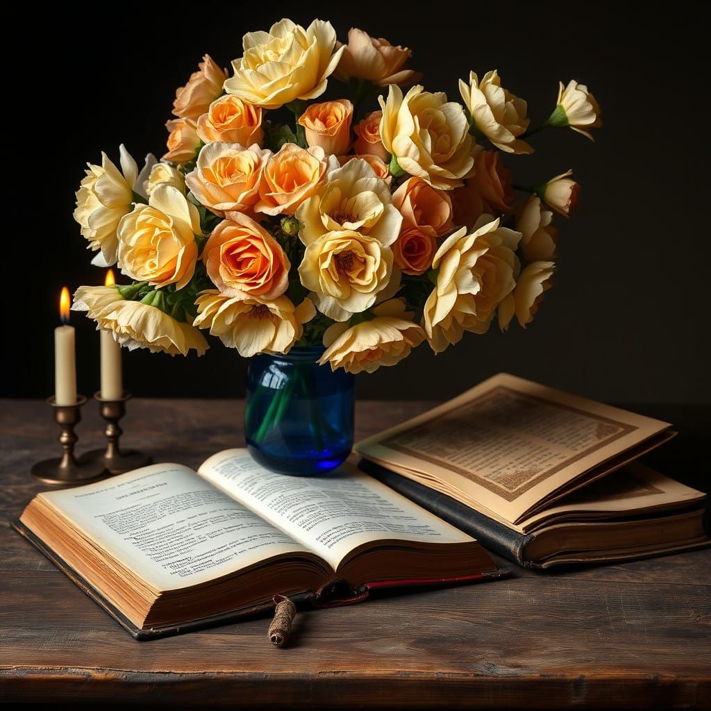 Renaissance Vase Still Life with Flowers and Open Book