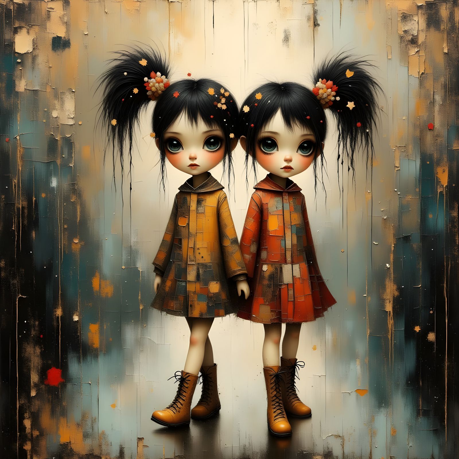 Whimsical Lantern Doll Twins in Impasto Style