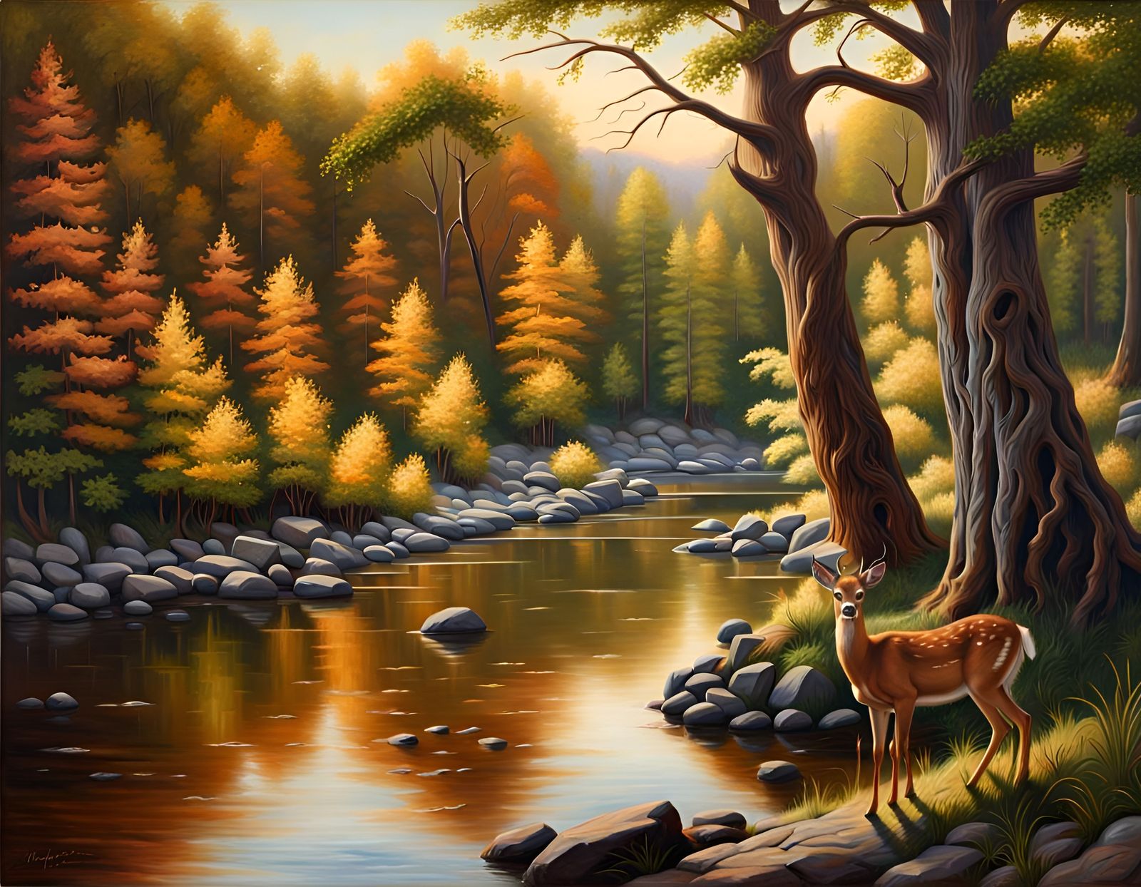 Deer in River Landscape, Hudson River School Style