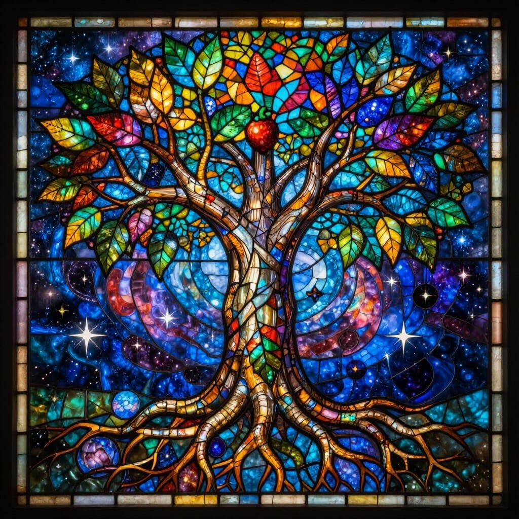 Yggdrasil Tree of Knowledge in Luminous Stained Glass