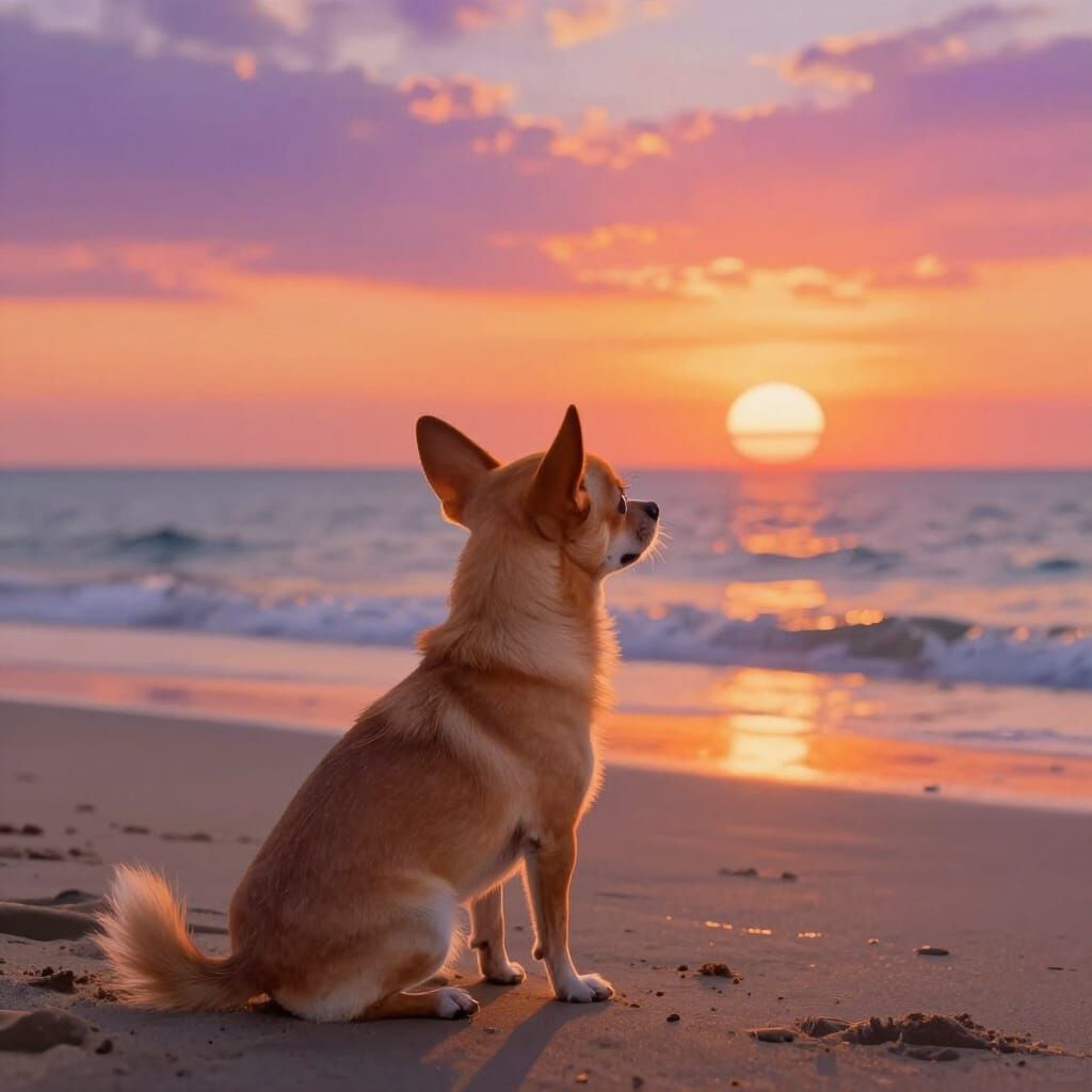 Chihuahua Watches Sunset on Beach in Digital Painting Style