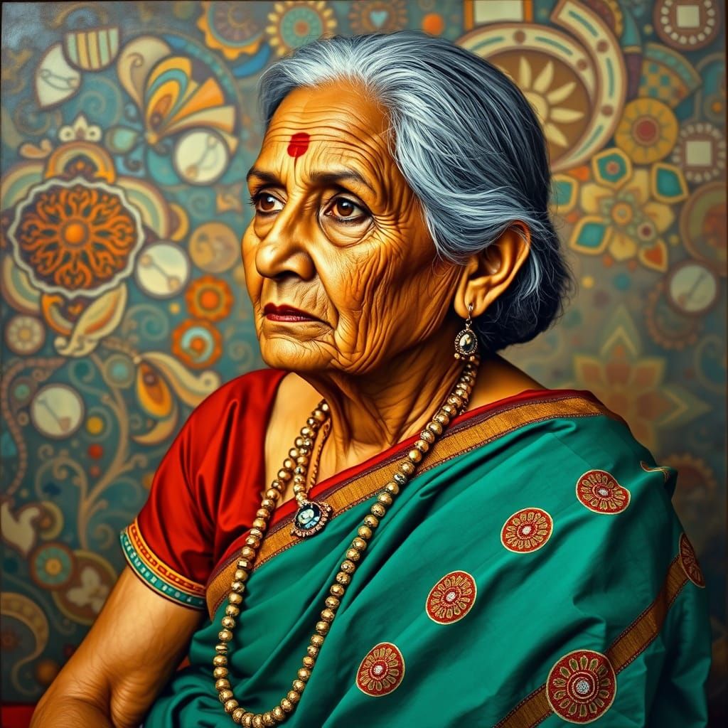 Contemplative Hindu Woman in Mosaic Portrait