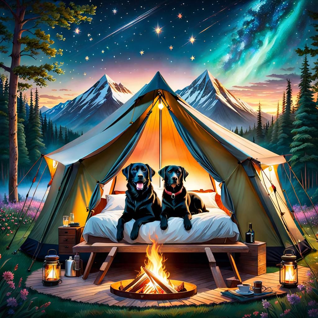 Opulent Campsite with Labrador Puppy at Night