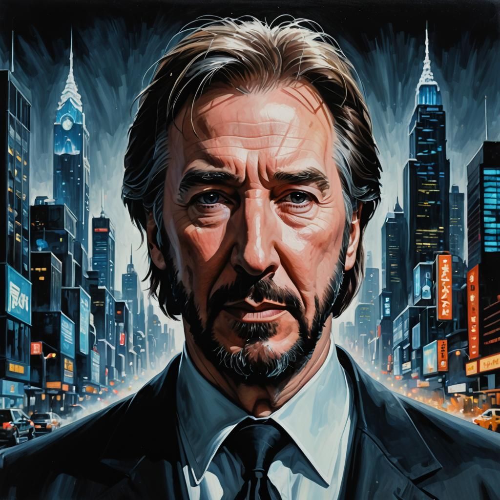 Portrait of Alan Rickman as Hans Gruber, Futuristic Cityscap...