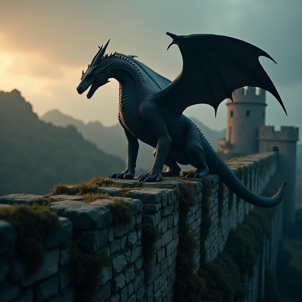 Majestic Black Dragon Overlooking Ruined Medieval Kingdom