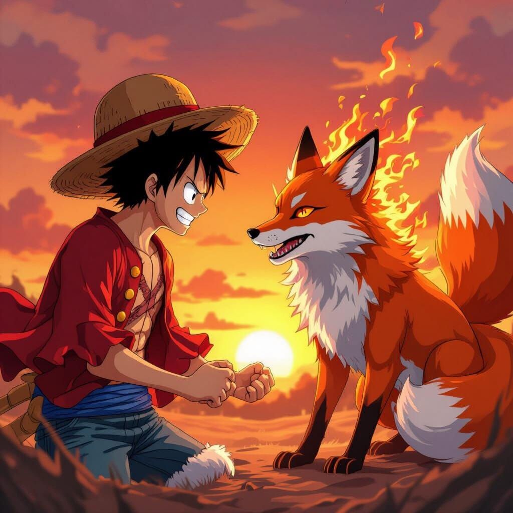 Luffy vs Fiery Fox: Anime Battle in Vibrant Style