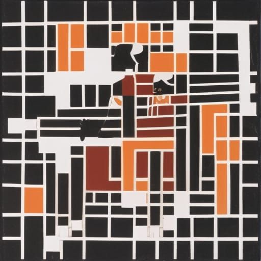 Meditators on Skateboard in Cave, Linocut Style