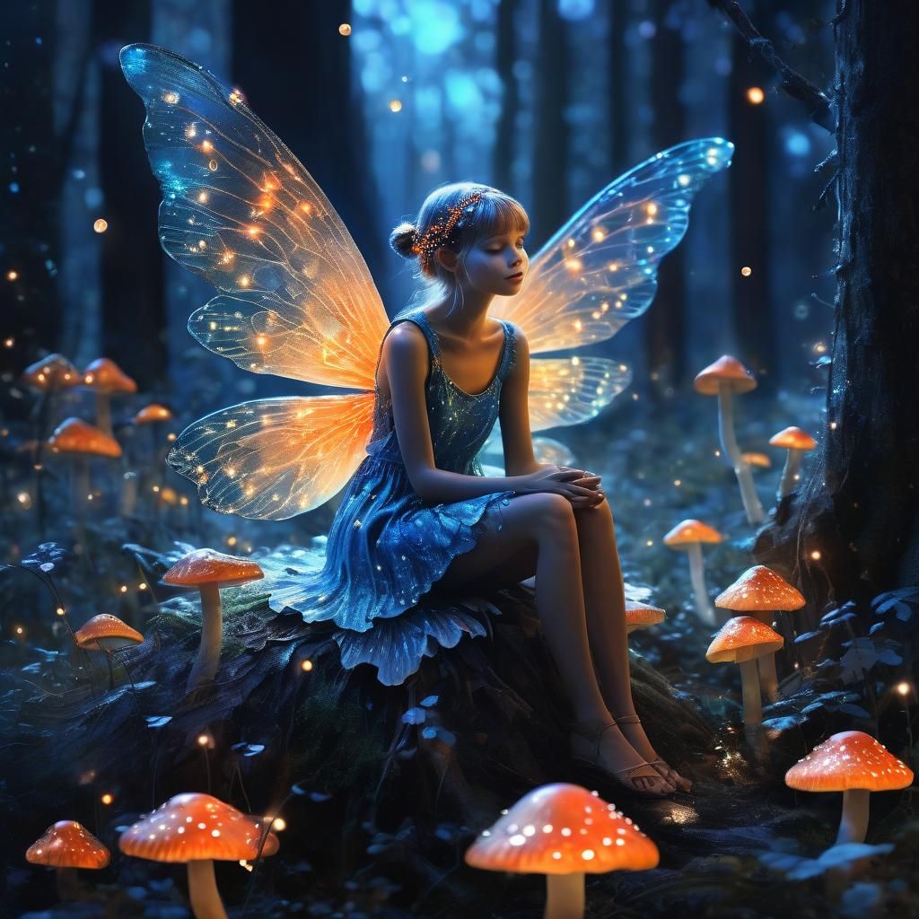 A fairy sitting on a mushroom in a moonlit forest, surrounde...