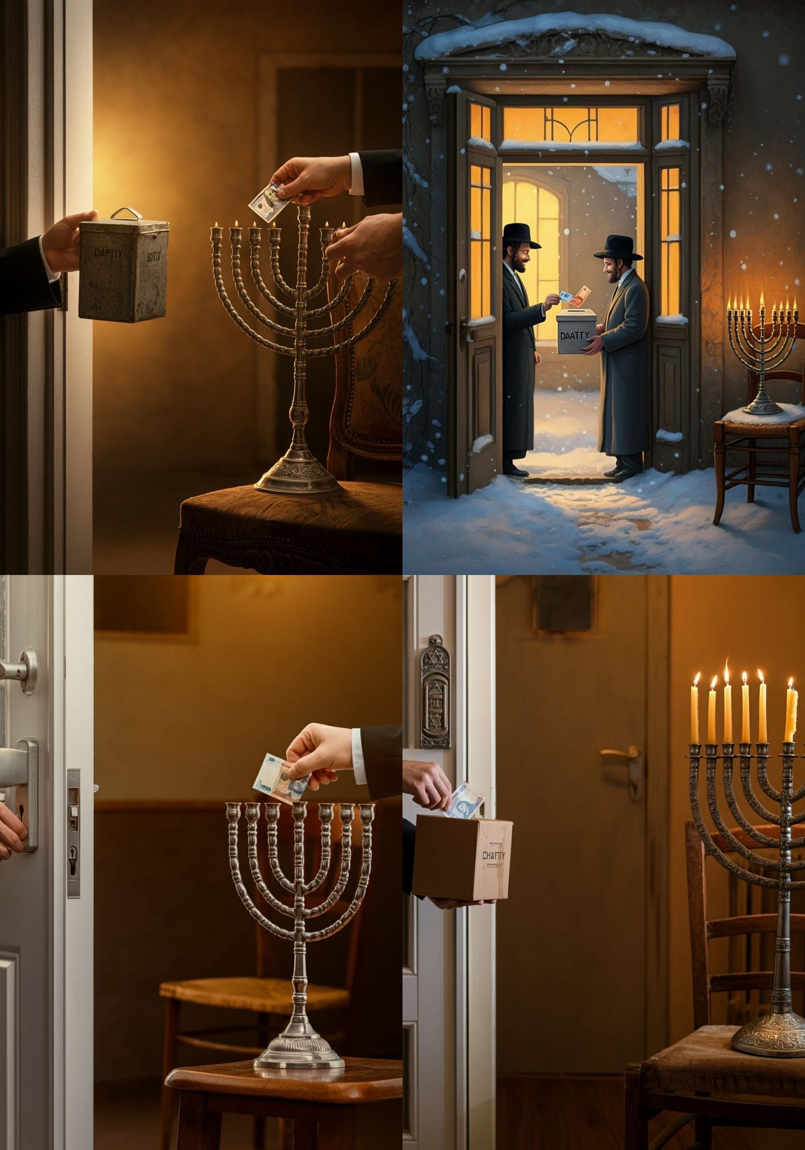 Hand Extending Charitable Donation near Menorah in Tradition...