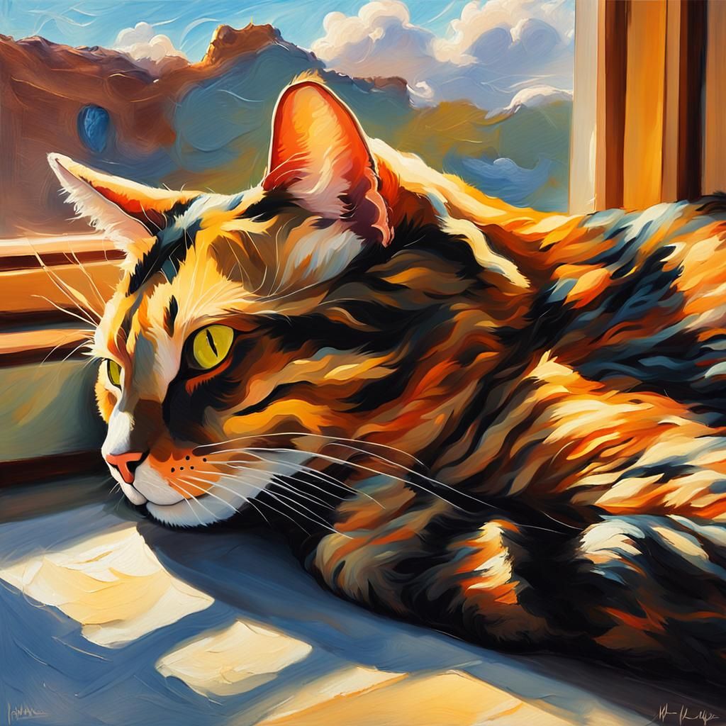 Tortoiseshell Cat Sleeping: Impasto Oil Painting
