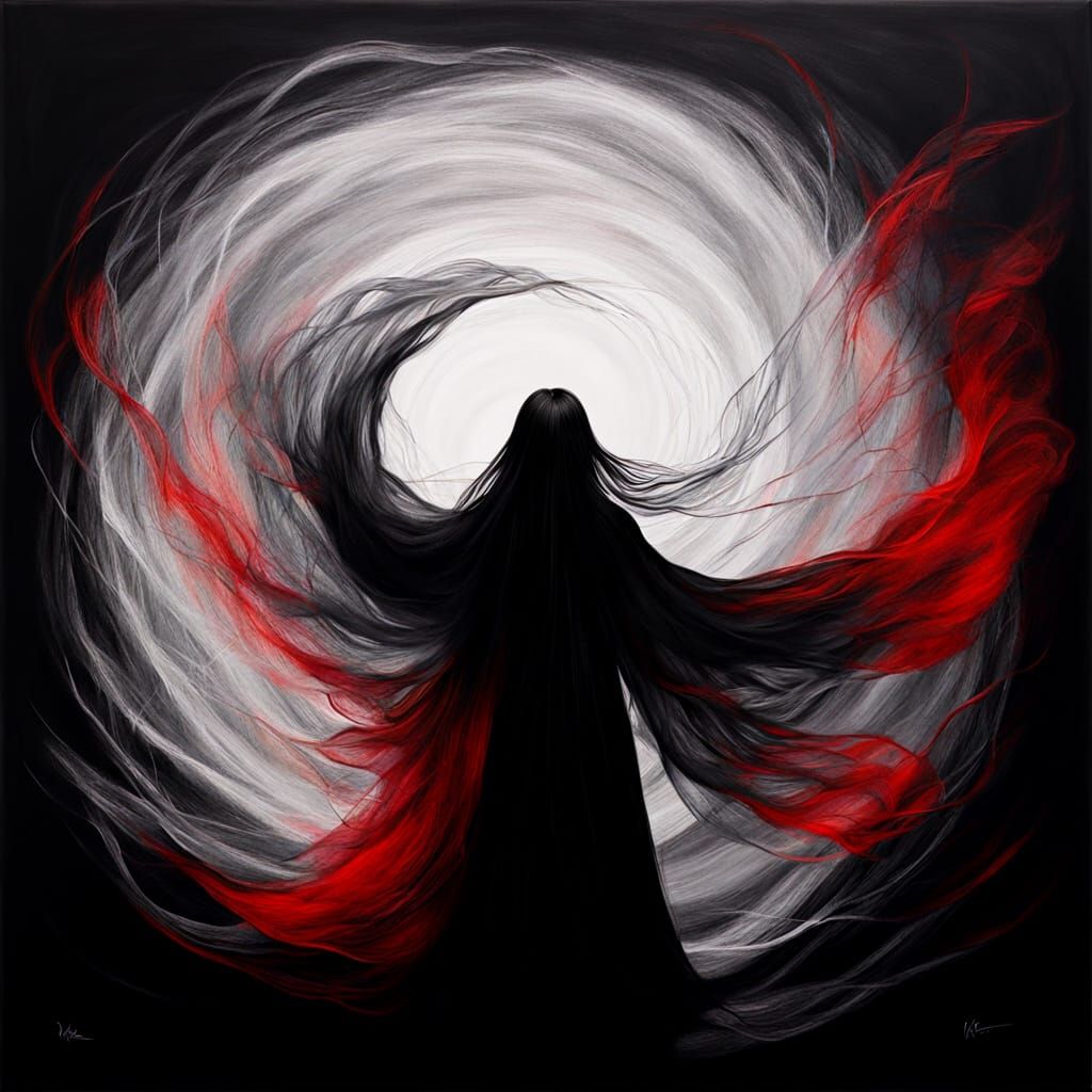 Monochrome Acrylic Painting of Woman Weaving Fate