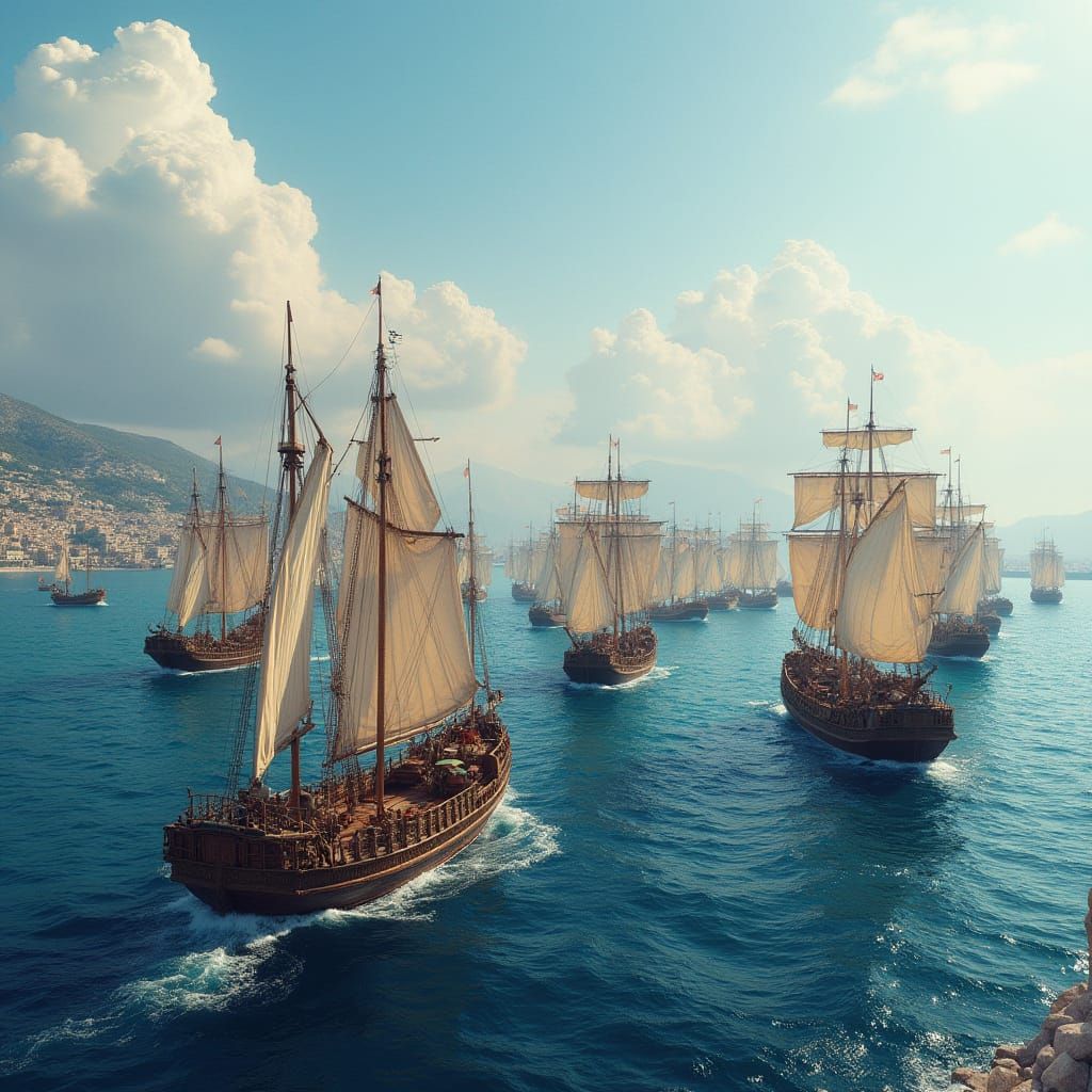 Ancient Greek Fleets Sail Across Aegean Sea in Majestic Styl...