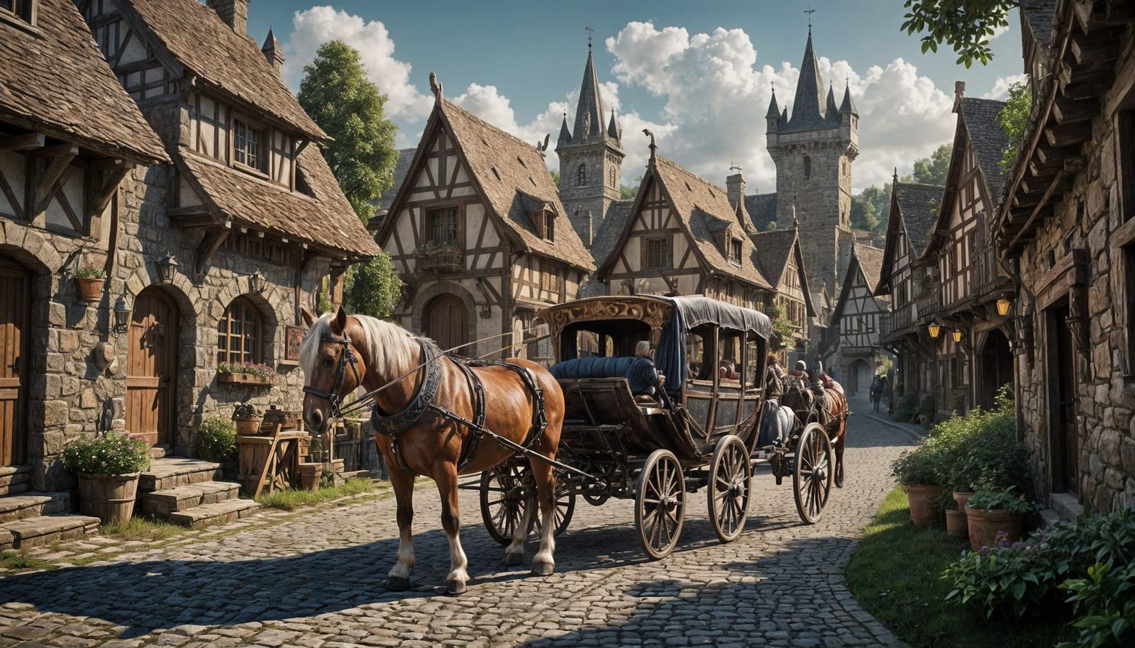Medieval Village Horse-Drawn Carriage: Fantasy Concept Art