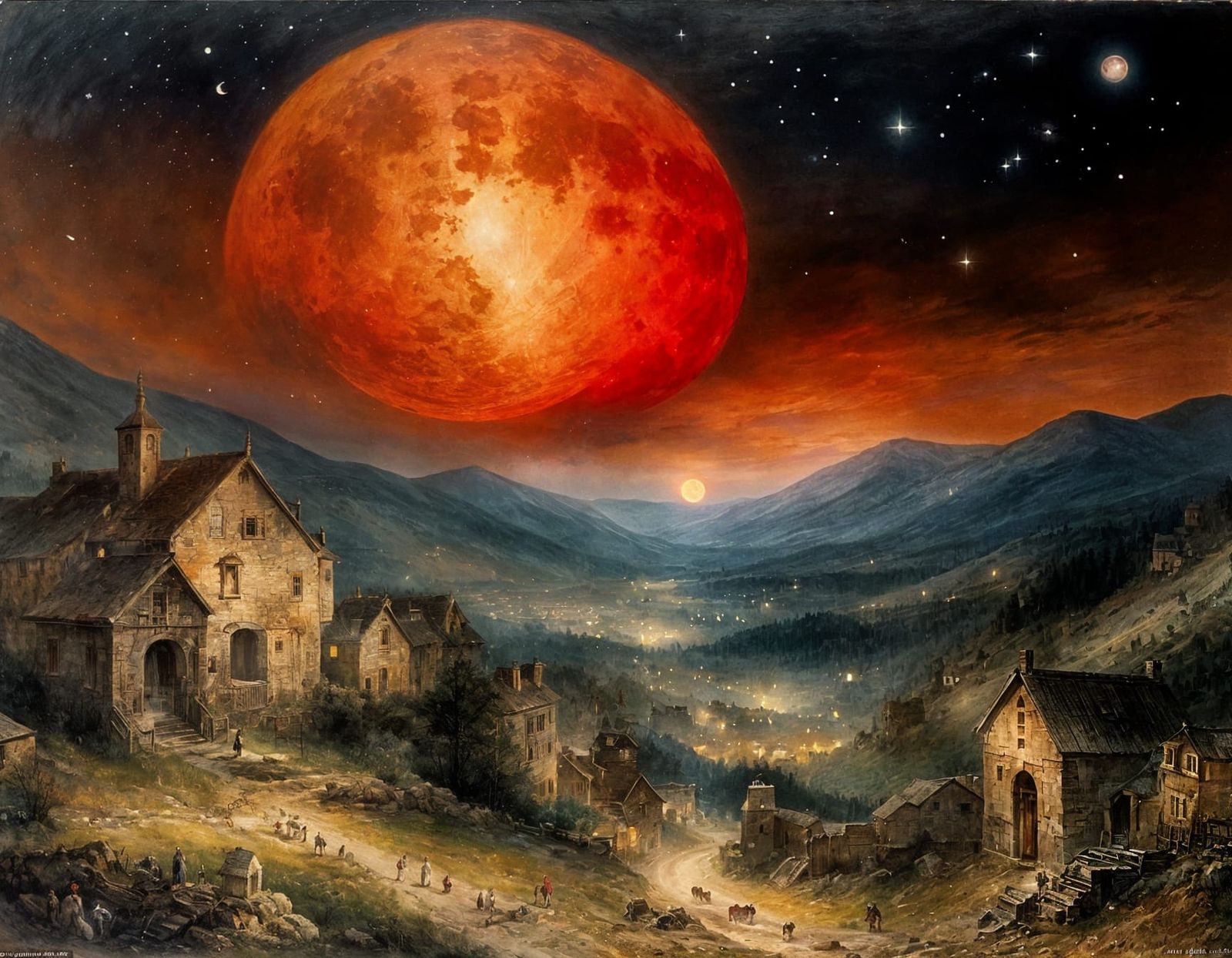 Dramatic Red Moon Over Mountain Village in Romantic Style