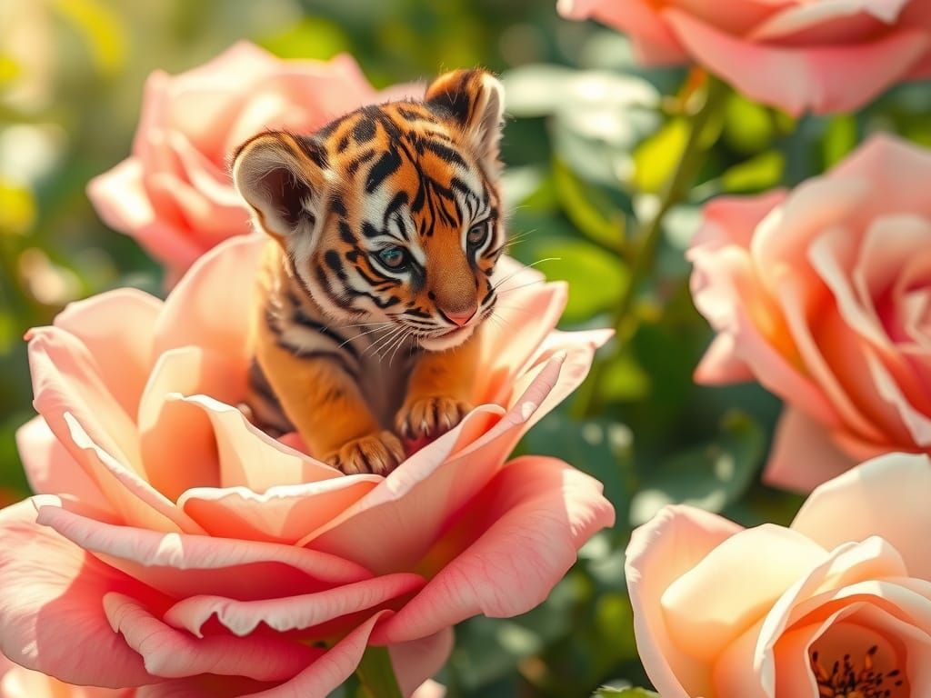 Whimsical Tiger Cub on a Rose Petal in Soft Light