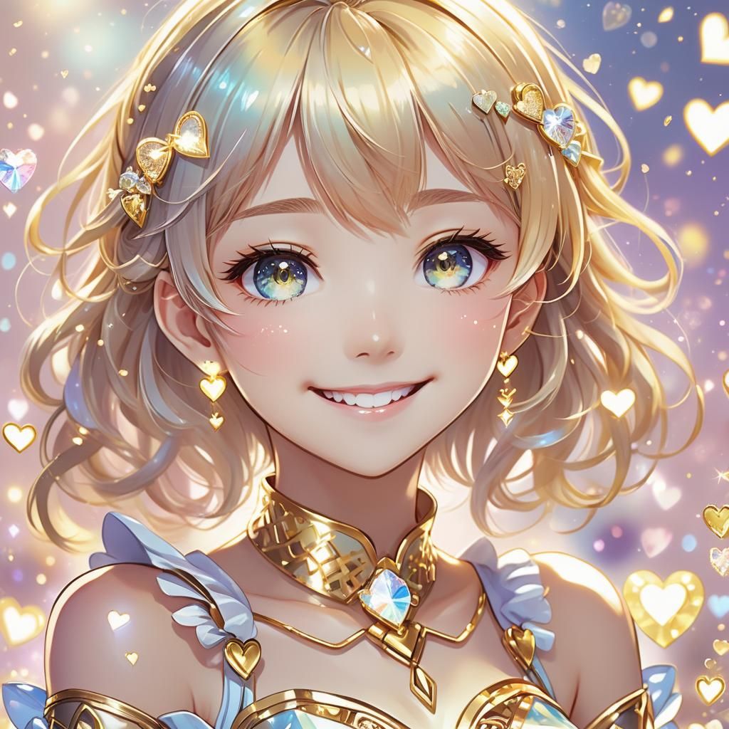 Anime Girl Portrait with Gold Diamond Hearts