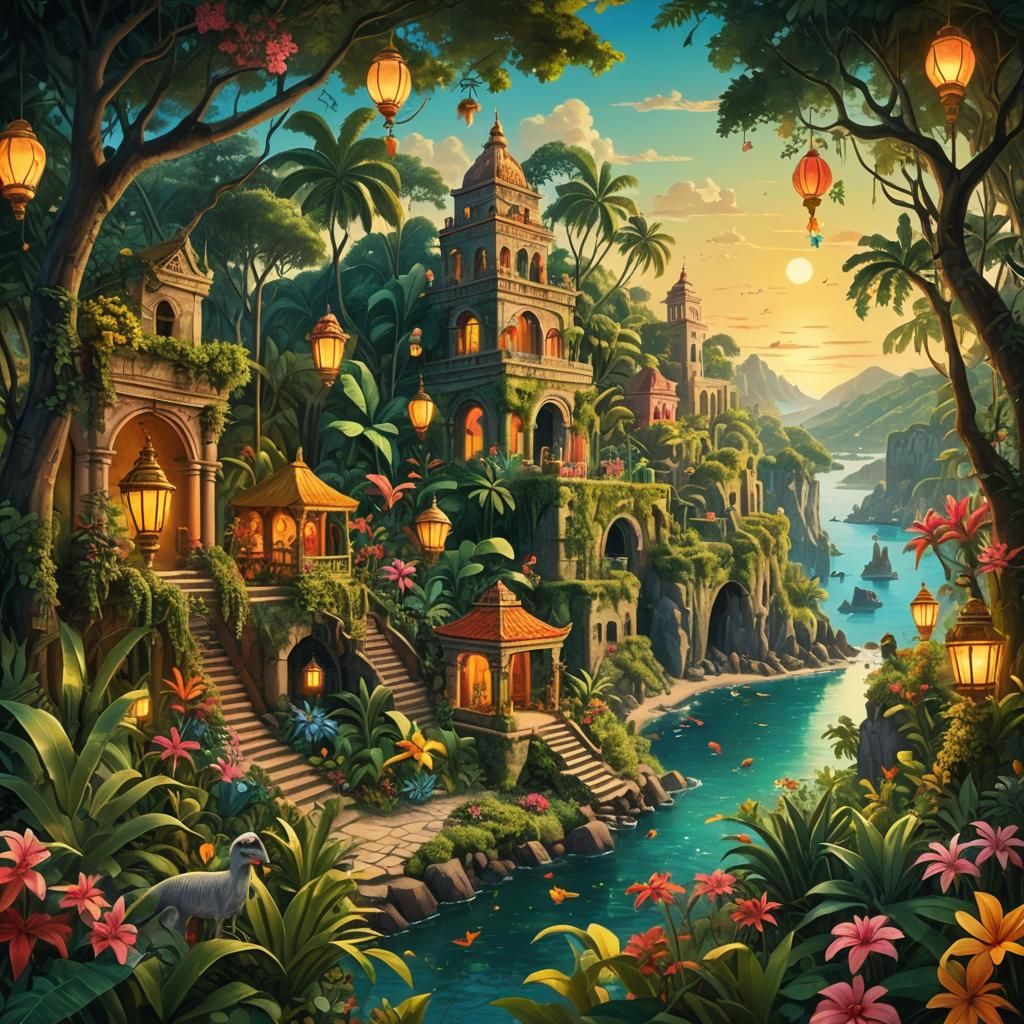 Colorful Jungle City with Ruins: Fantasy Art