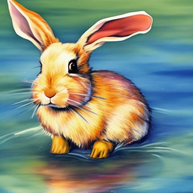 Rabbit Near Water in Acrylic Painting Style