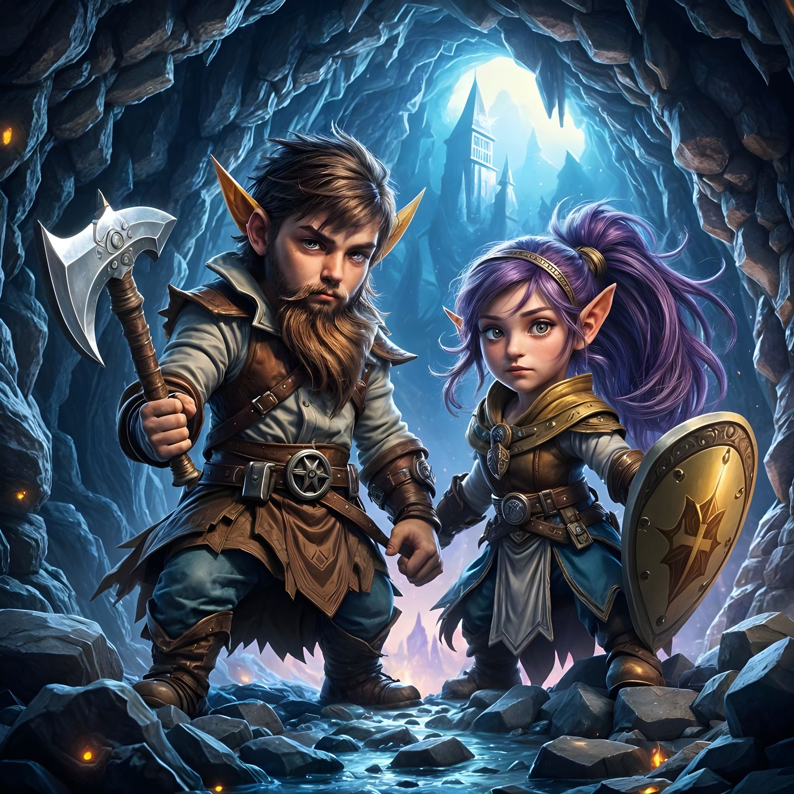 Dwarfs in Crystal Cave, Hand-Drawn Bohemian Style