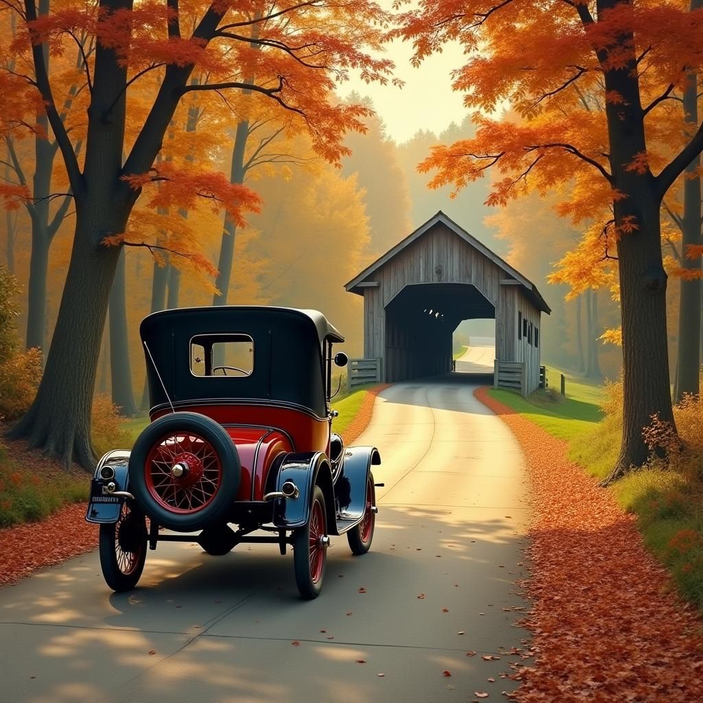 Autumn Drive: Vintage Ford in Impressionist Landscape