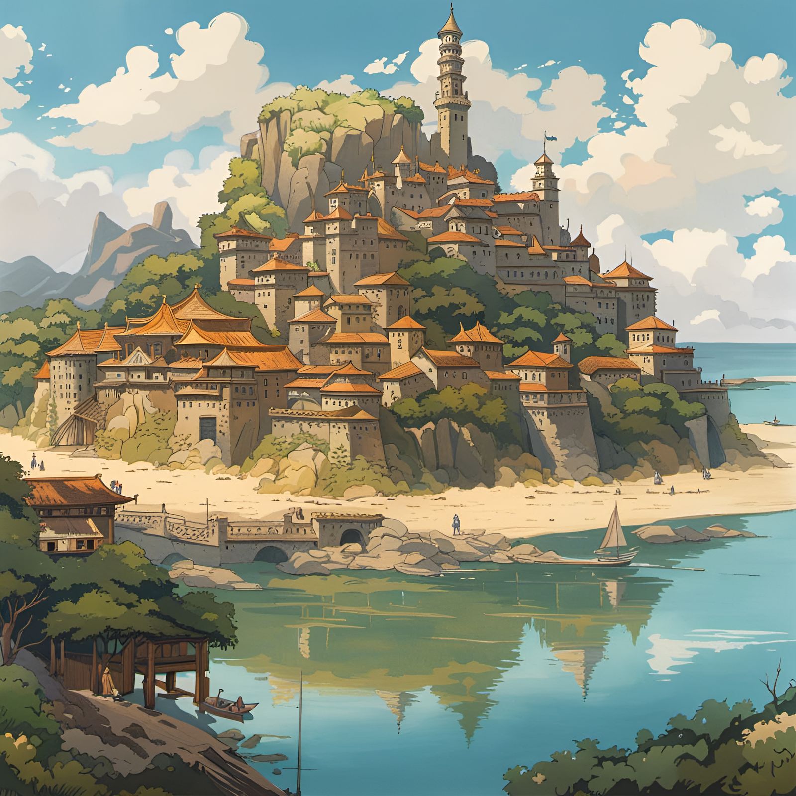 Medieval Japanese City in Watercolor Style