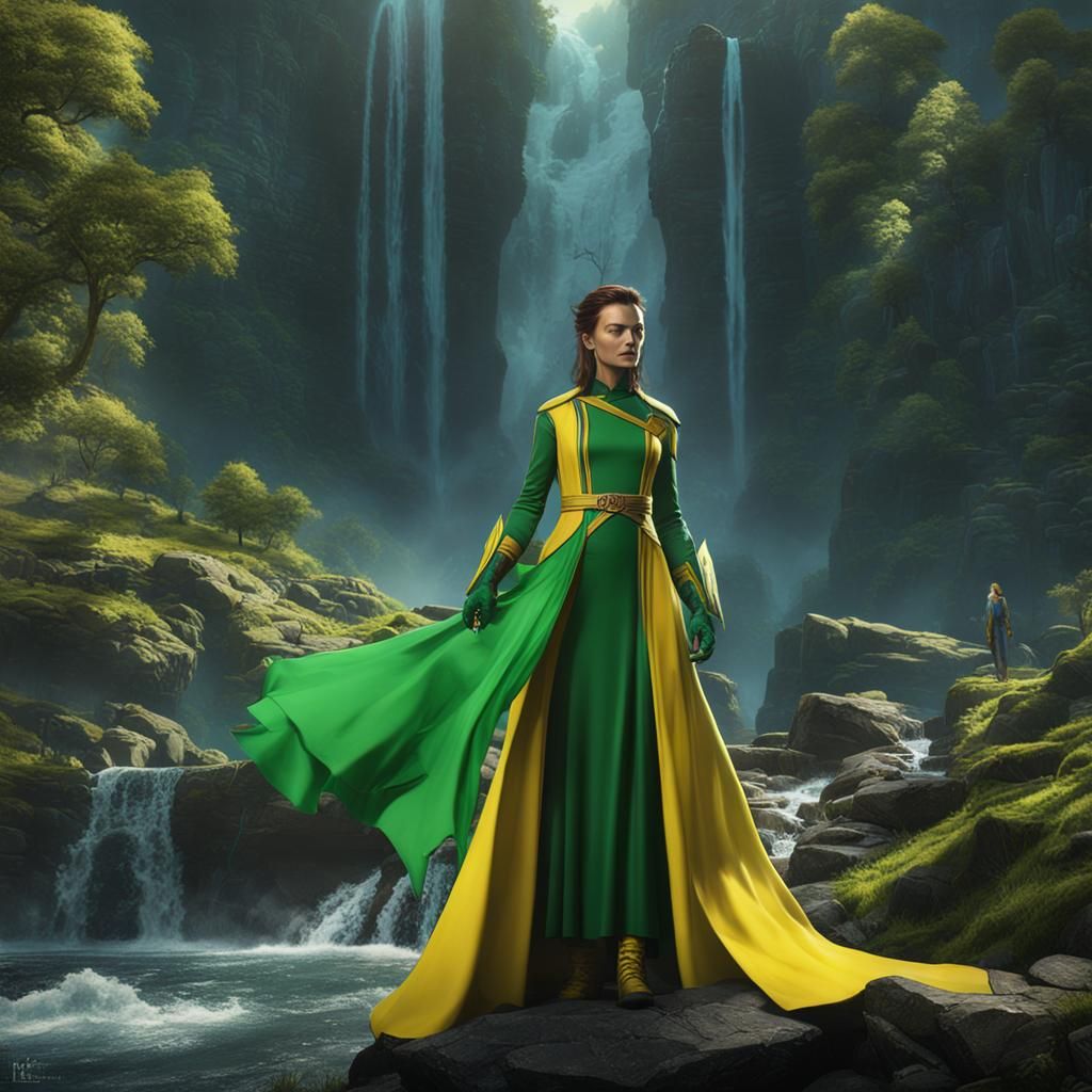 X-Men Rogue in Green and Yellow Dress by Waterfall