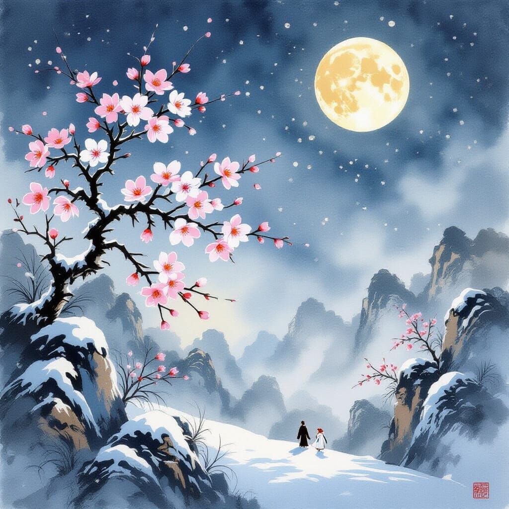 Chinese Ink Painting of Snowfall Under the Moon