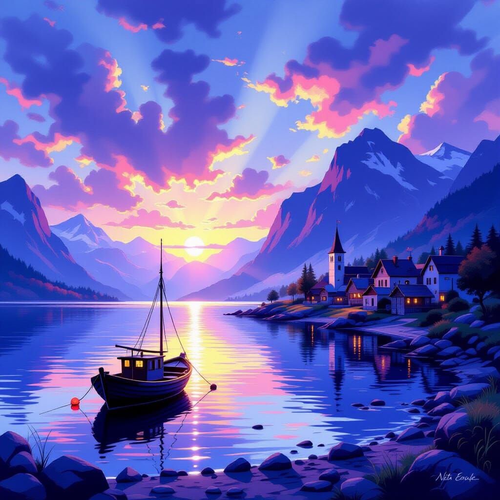 Serene Mountain Shore at Twilight in Watercolor Style