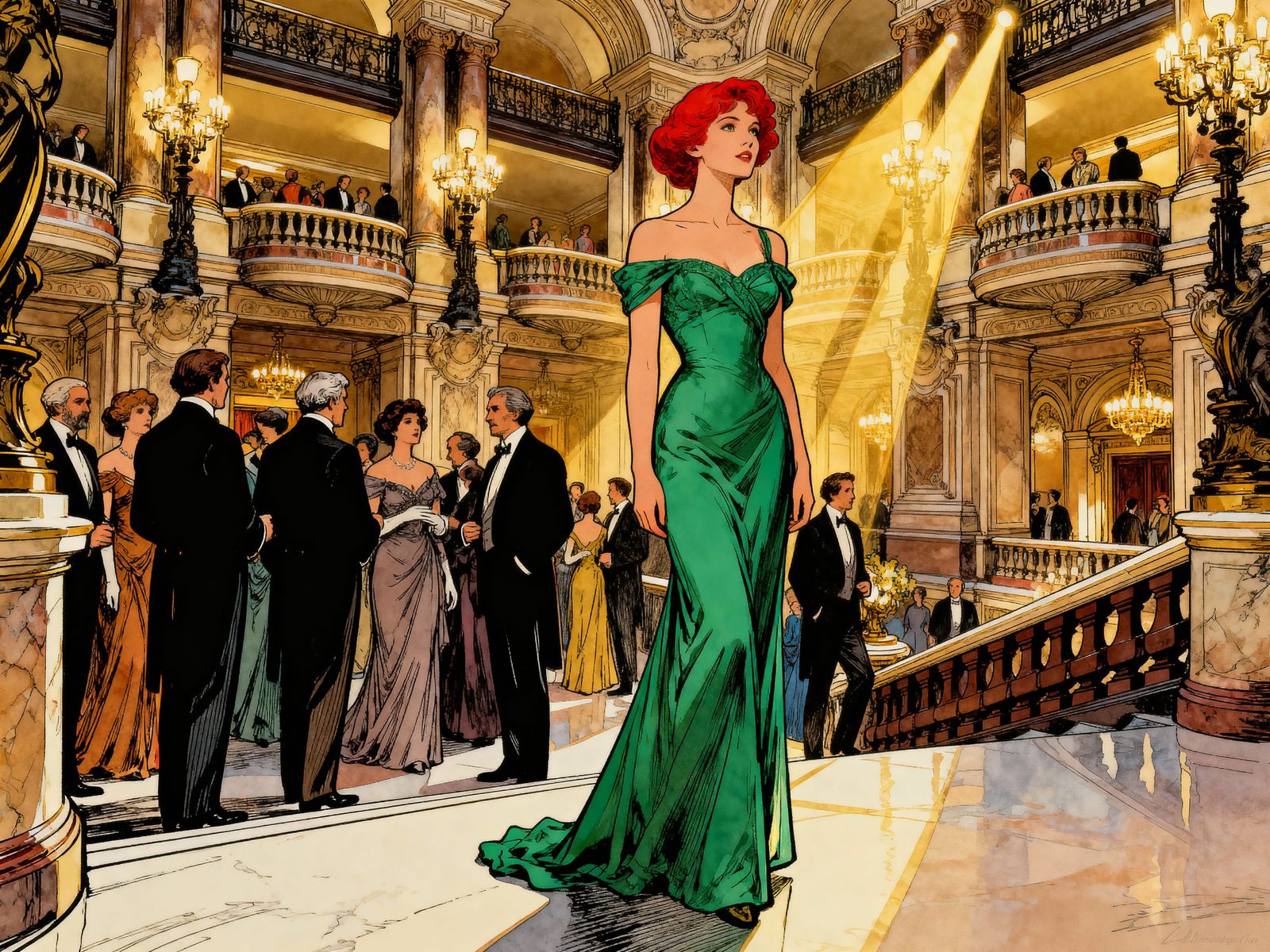 Elegant Woman at Paris Opera House in Colored Ink Style