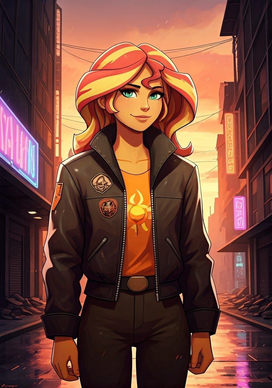 Sunset Shimmer in Cyberpunk Cityscape at Sunset