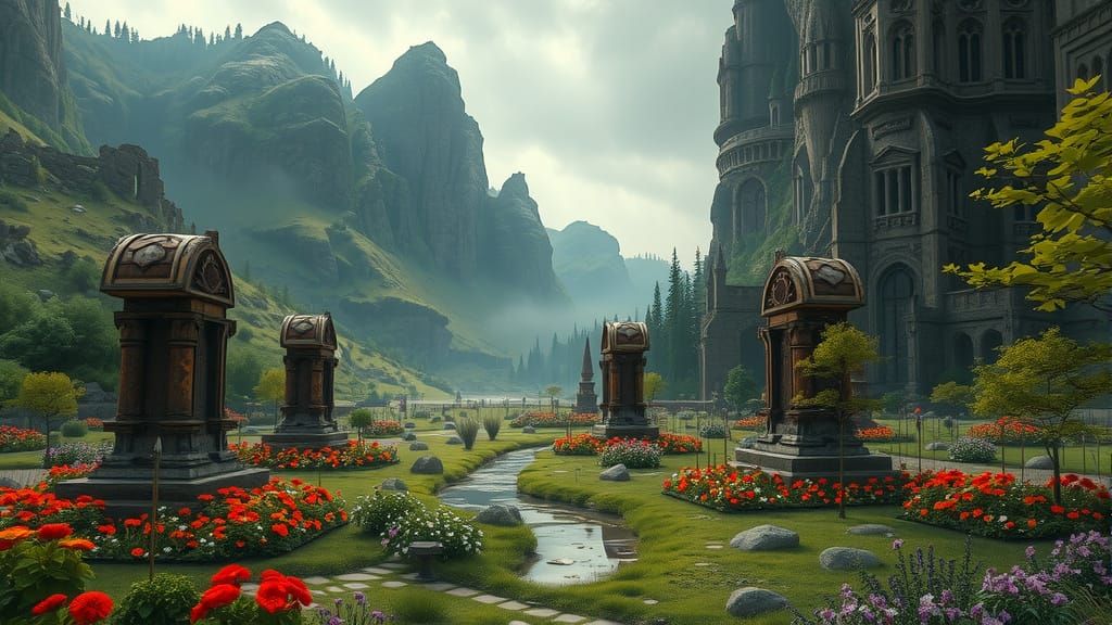 Serene Valley Tombs in Digital Painting Style