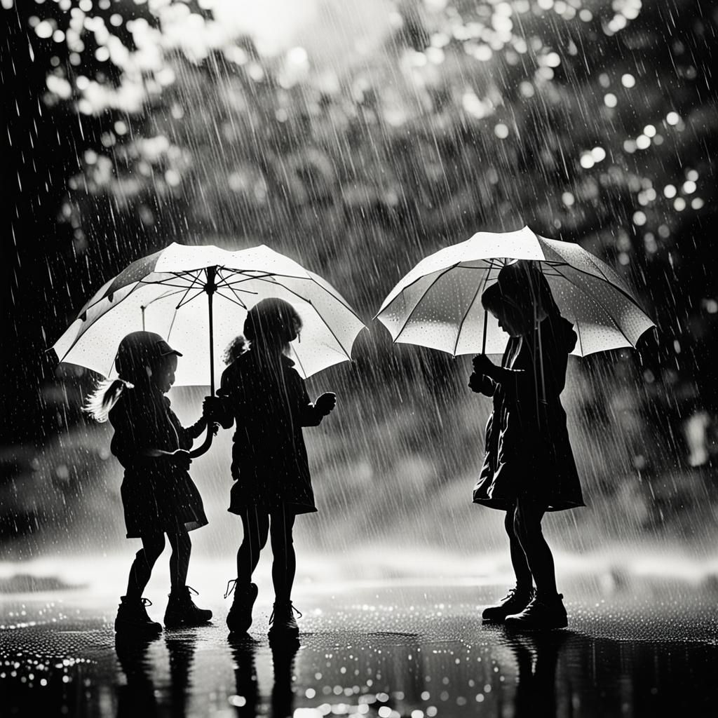 Children Playing in Rain: Black and White Photogram
