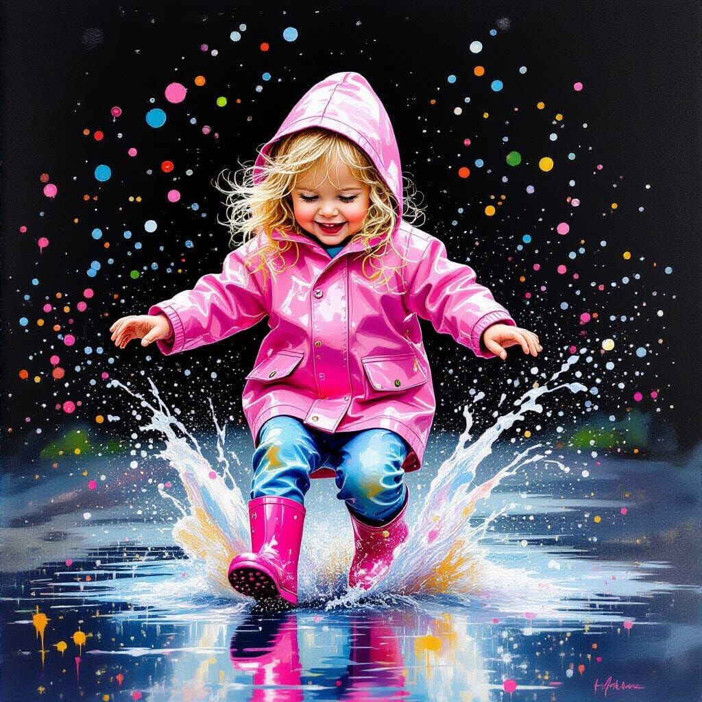 Toddler Splashing in Puddle, Gouache Watercolor Style