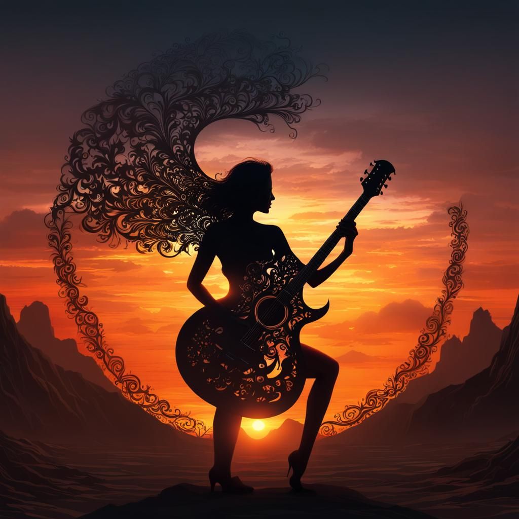 Silhouette Guitar Sunset: Epic Digital Matte Painting
