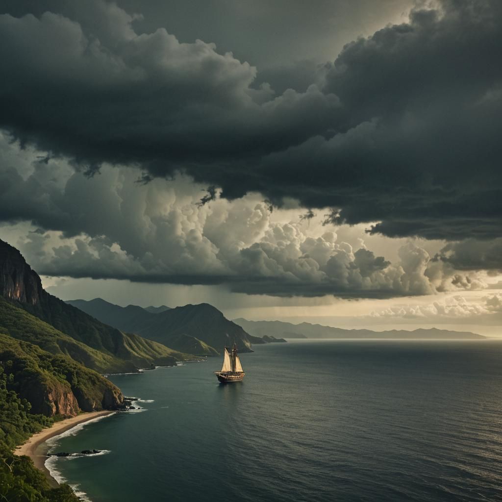 Tropical Mountain Overlooking Ocean with Schooner