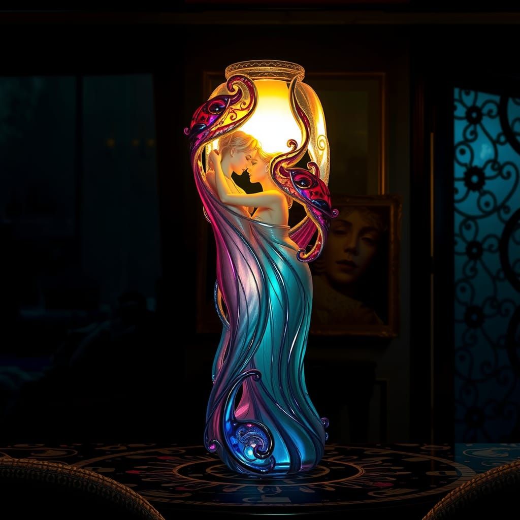 Entwined Lovers Glass Lamp in Mystical Iridescent Style