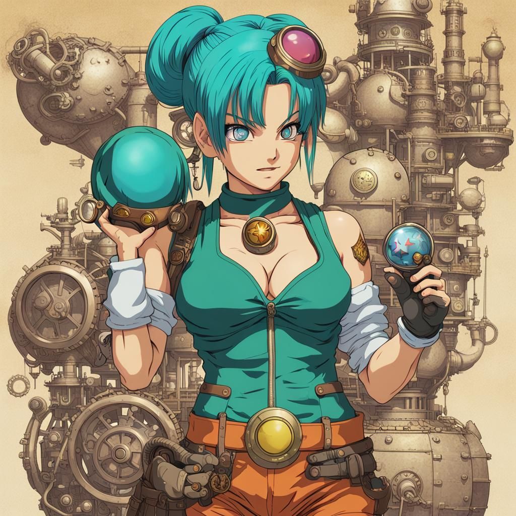 Bulma Holding Dragonball with Steampunk Engine