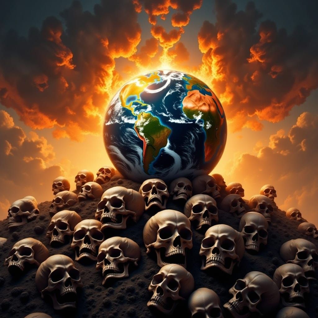 Earth Globe Atop Skulls in Fiery Landscape