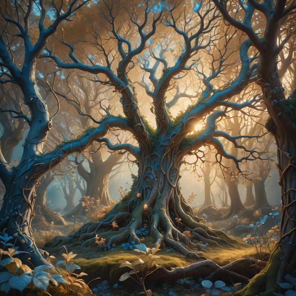 Glowing Magic Tree in Mystical Medieval Forest
