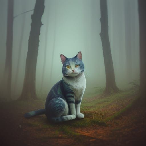 Ethereal Watercolor Cat in Misty Forest
