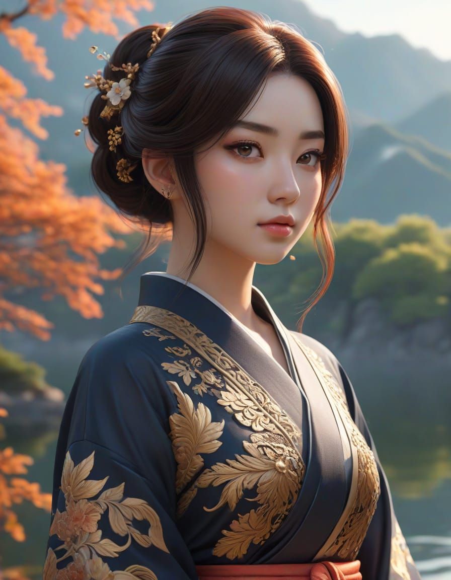 Majestic Anime Goddess Radiates Confidence by Serene Lake