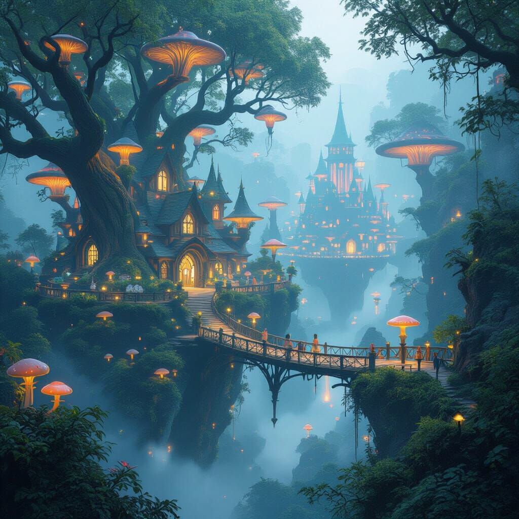 Enchanted Elven Village in Treetops, Fantasy Concept Art