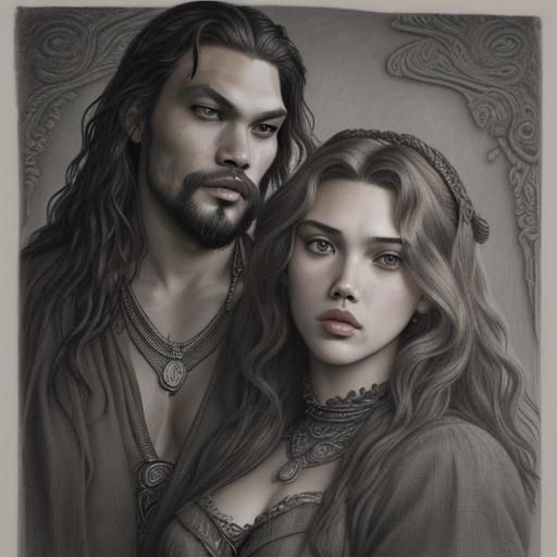Jason Momoa and Scarlett Johansson in Pre-Raphaelite Style