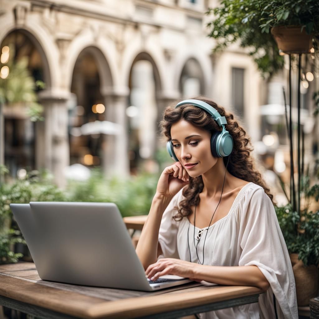 Ancient Roman Woman Using Laptop in Cafe Garden