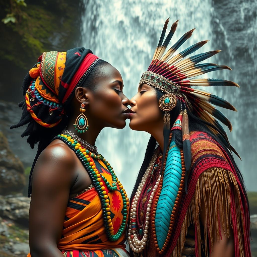 Women in Traditional Attire Share a Kiss