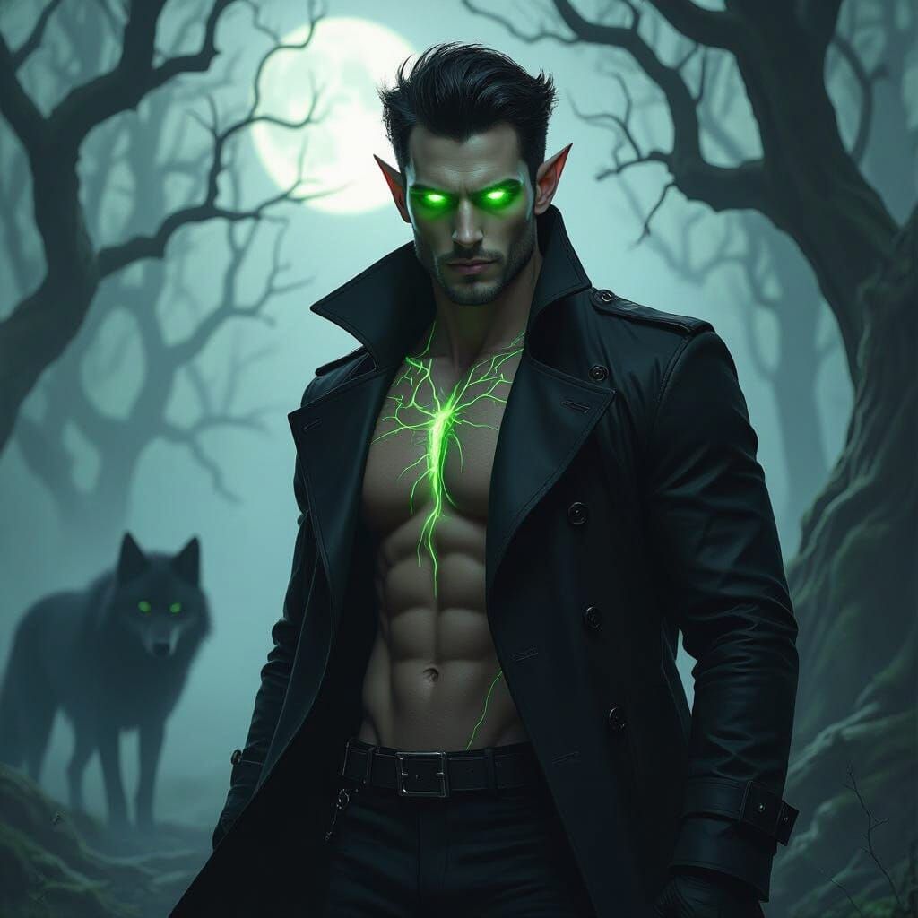 Godlike Man with Glowing Eyes in Dark Forest