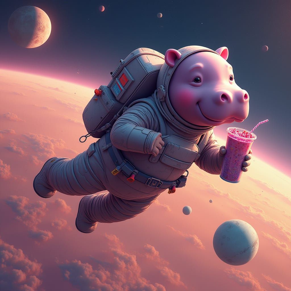 Hippo Soars Through Cosmic Landscape in Vibrant Digital Art